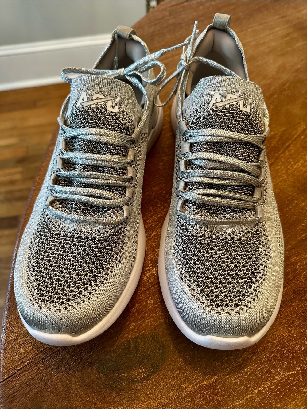 APL Women's TechLoom Metallic Knit Sneakers in Sparkly Silver and White
